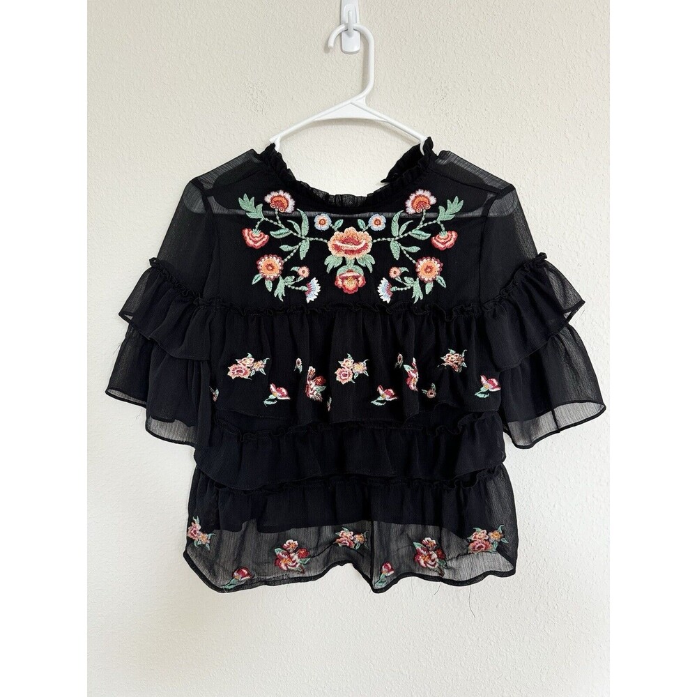 Sheer Mesh Floral Embroidered Tiered High Neck Top Women’s Grunge Goth Gorpcore